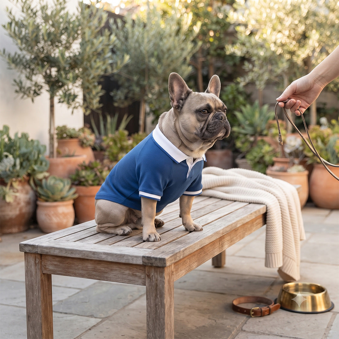 Blue and White Polo Dog Shirt with Striped Details