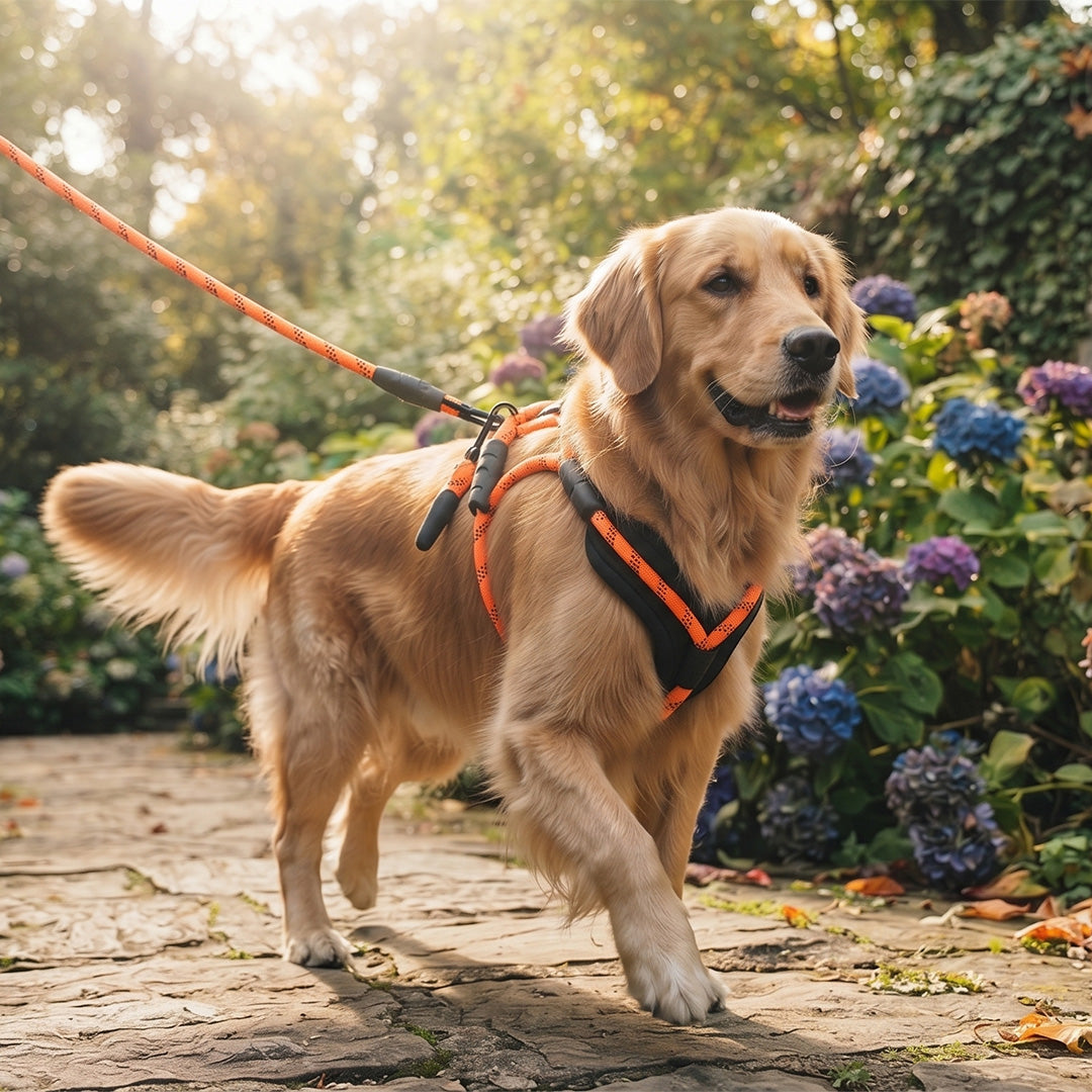 Reflective Orange Rope Dog Harness and Leash Set with Padded Handle
