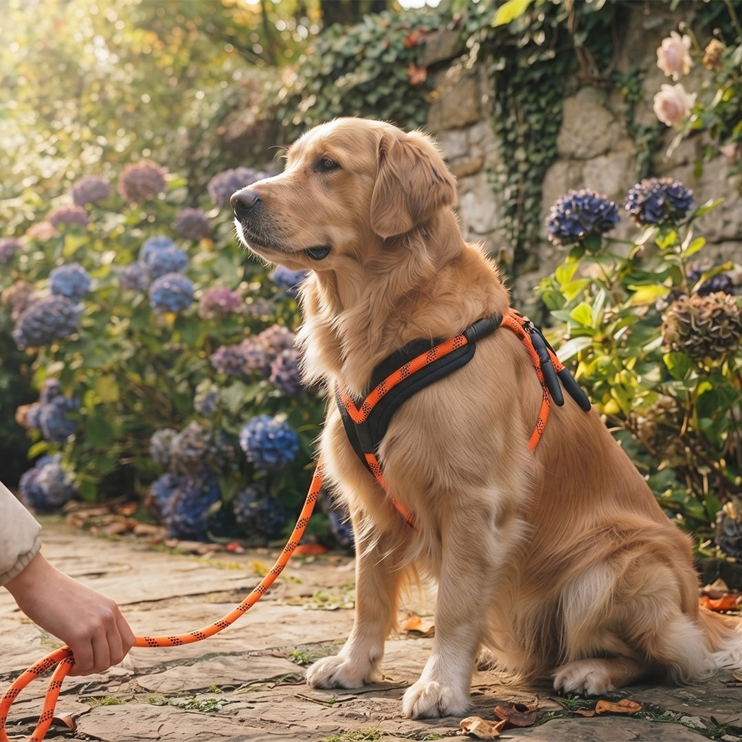 Reflective Orange Rope Dog Harness and Leash Set with Padded Handle