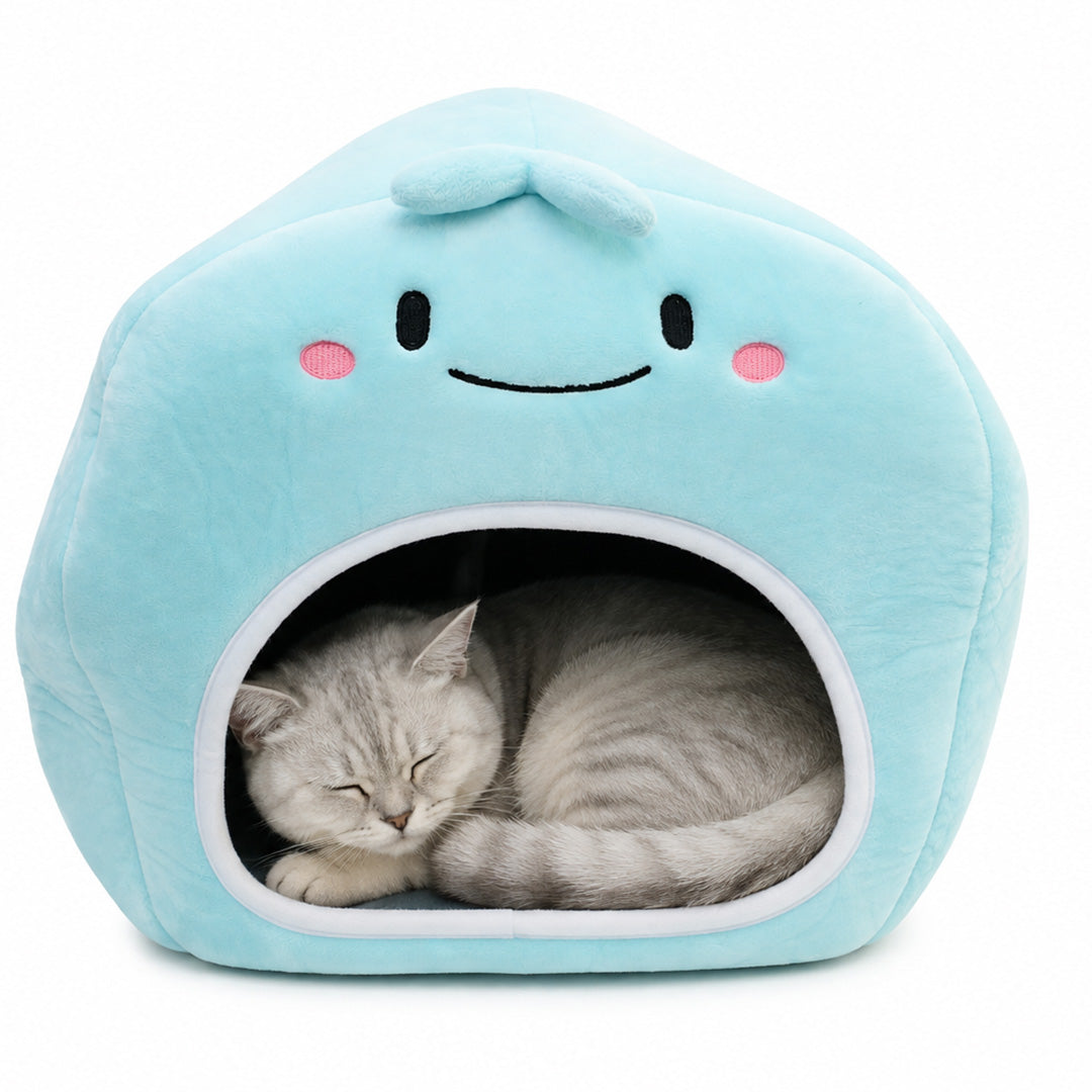 Cute Blue Cartoon Plush Covered Cat Bed / Semi-Closed Pet House