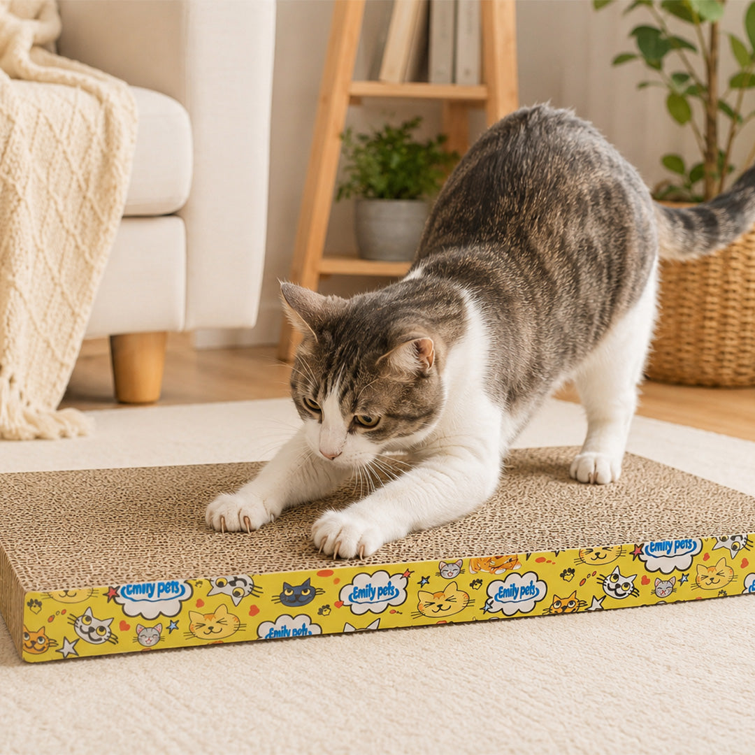 Curved Corrugated Cardboard Cat Scratching Board & Lounge Bed with Vibrant Cartoon Side Panels