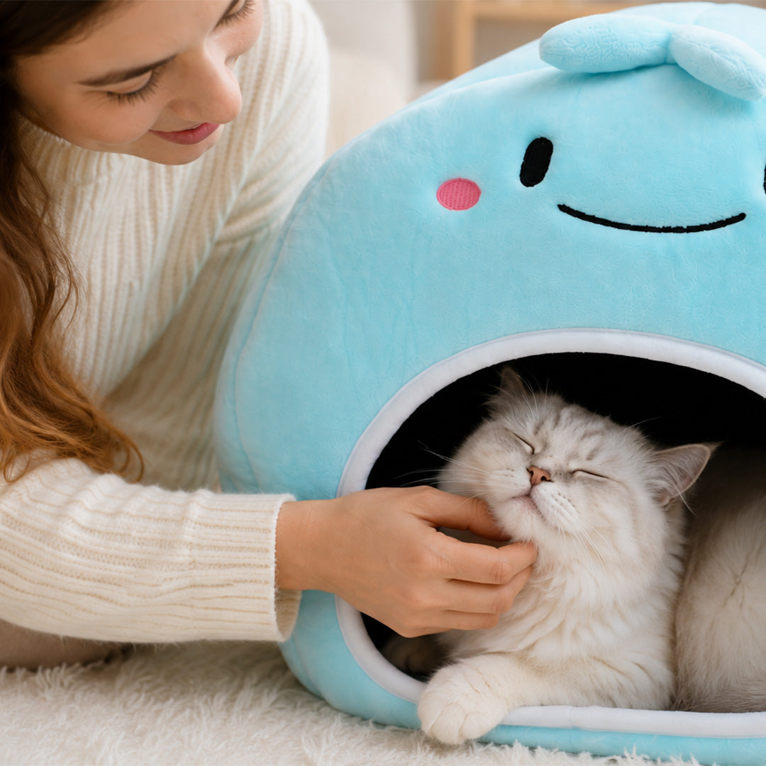 Cute Blue Cartoon Plush Covered Cat Bed / Semi-Closed Pet House