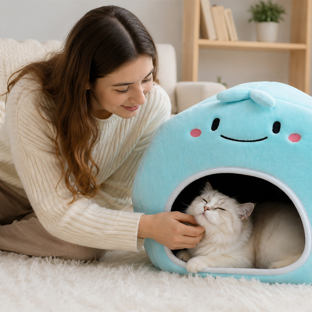 Cute Blue Cartoon Plush Covered Cat Bed / Semi-Closed Pet House