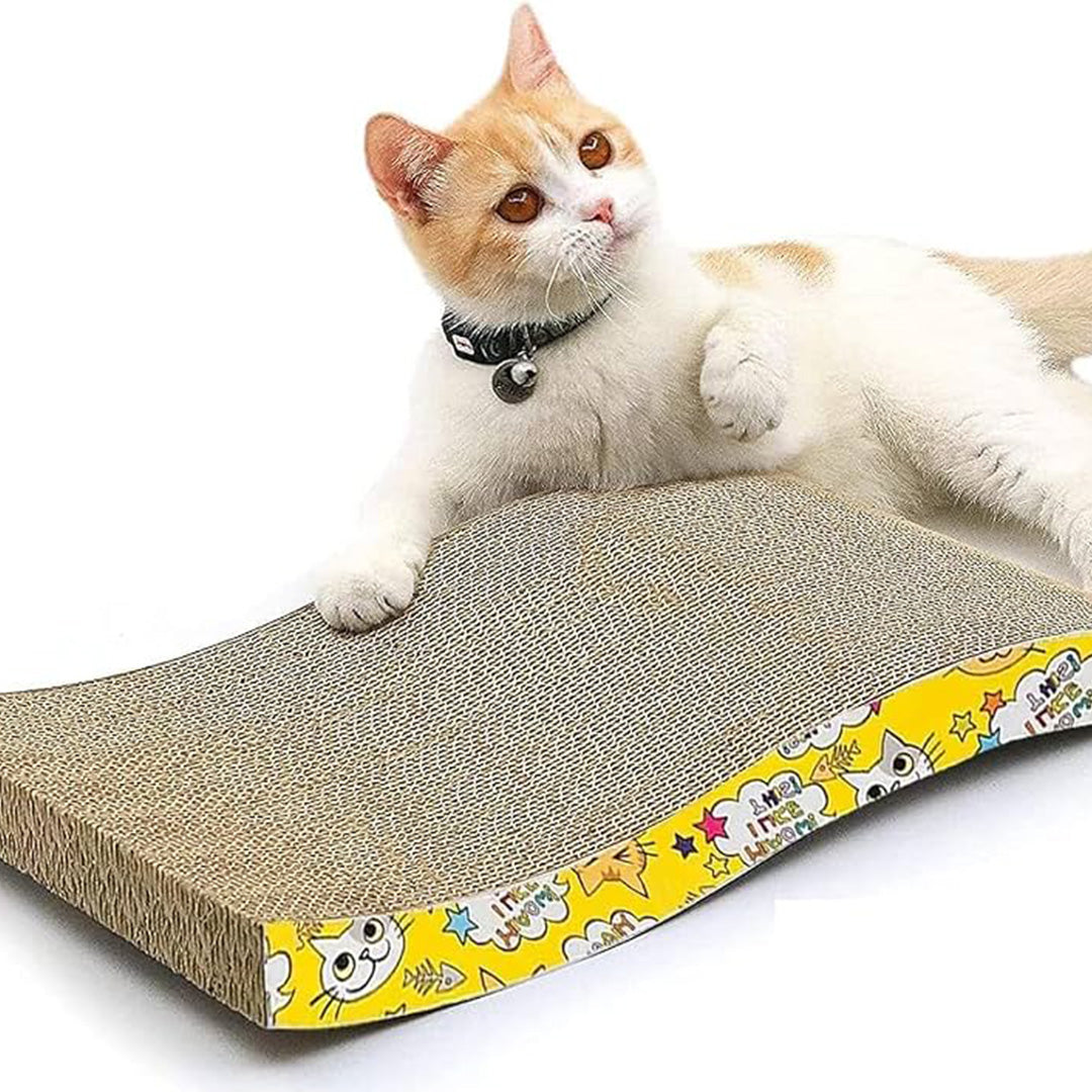 Curved Corrugated Cardboard Cat Scratching Board & Lounge Bed with Vibrant Cartoon Side Panels