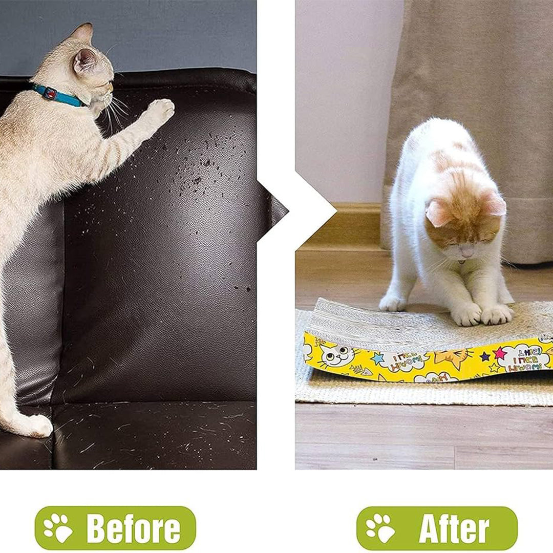 Curved Corrugated Cardboard Cat Scratching Board & Lounge Bed with Vibrant Cartoon Side Panels