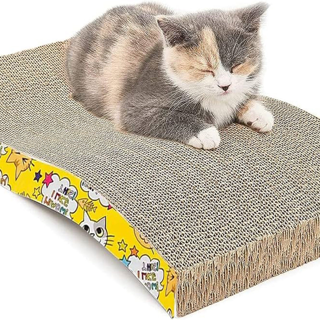 Curved Corrugated Cardboard Cat Scratching Board & Lounge Bed with Vibrant Cartoon Side Panels