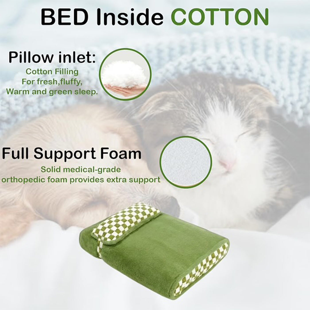Green Plush Pet Bed with Checkered Accents and Attached Pillow