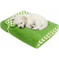 Green Plush Pet Bed with Checkered Accents and Attached Pillow