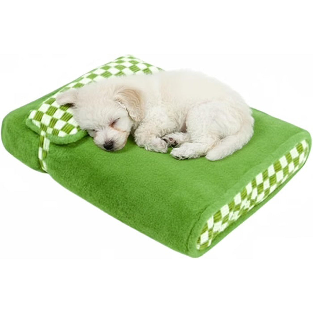 Green Plush Pet Bed with Checkered Accents and Attached Pillow