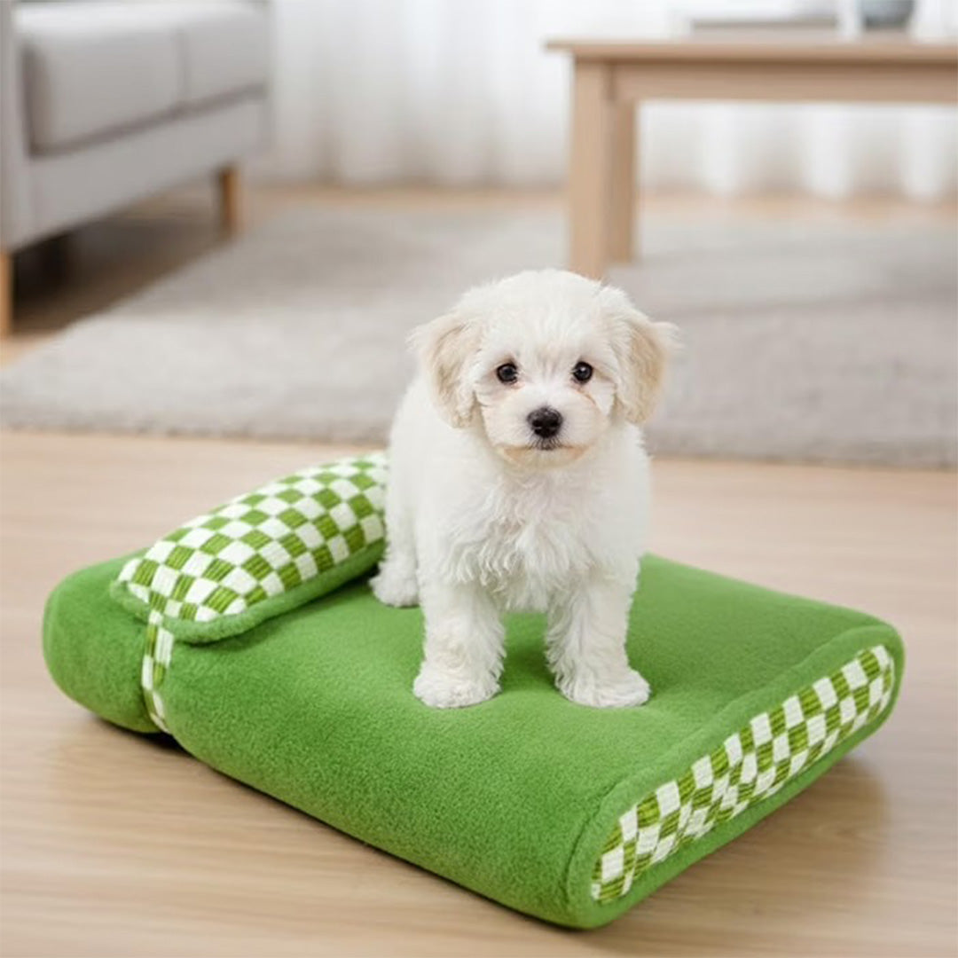 Green Plush Pet Bed with Checkered Accents and Attached Pillow