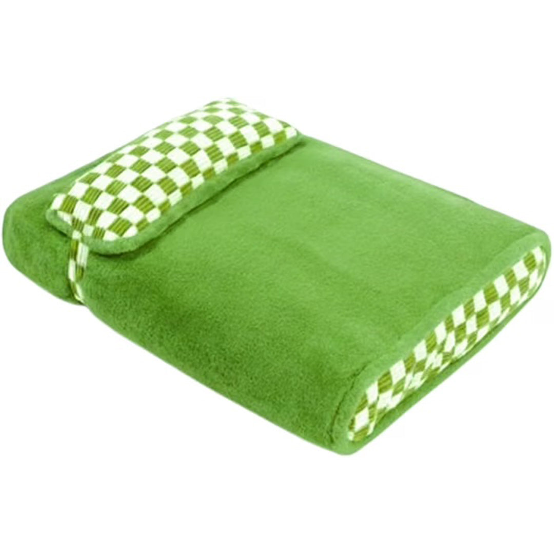 Green Plush Pet Bed with Checkered Accents and Attached Pillow