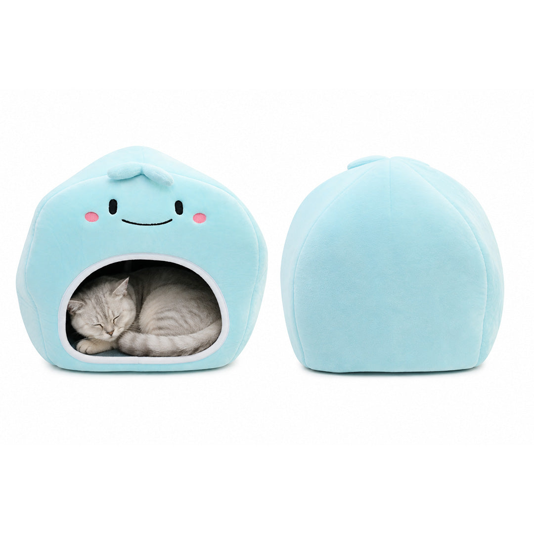 Cute Blue Cartoon Plush Covered Cat Bed / Semi-Closed Pet House