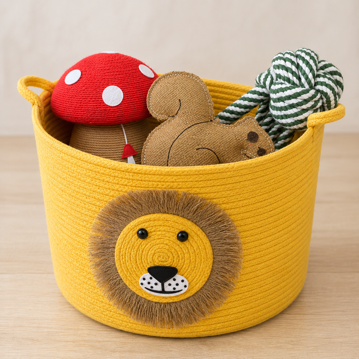 Lion Design Cotton Storage Basket with Pet Toys – Cute Woven Organizer for Dogs & Cats