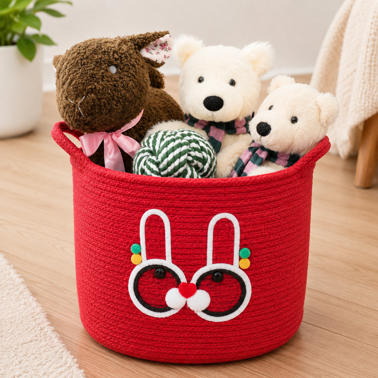 Cute Rabbit Cotton Rope Storage Basket with Plush Pet Toys – Decorative Toy Organizer for Dogs & Cats