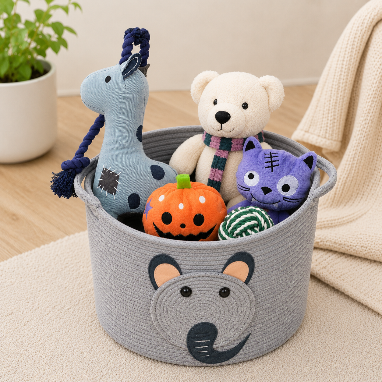Elephant Rope Storage Basket with Plush Pet Toys Gift Set – Cute Nursery & Pet Toy Organizer