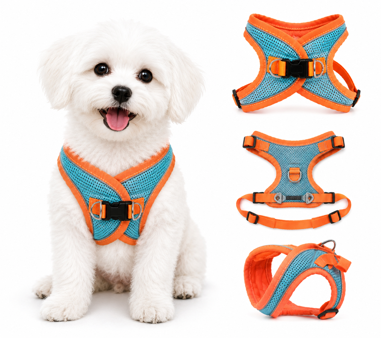 Orange & Sky Blue Breathable Mesh Dog Harness – Adjustable Soft No-Pull Pet Vest for Small Dogs & Puppies